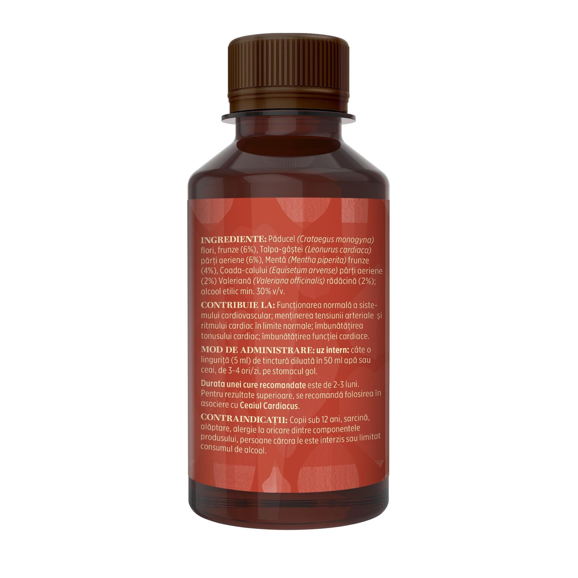 Imagine din lateral stânga cu flacon Tinctură Cardiacus 200 ml de la Faunus Plant cu detalii despre proprietăți, ingrediente, mod de administrare și contraindicații