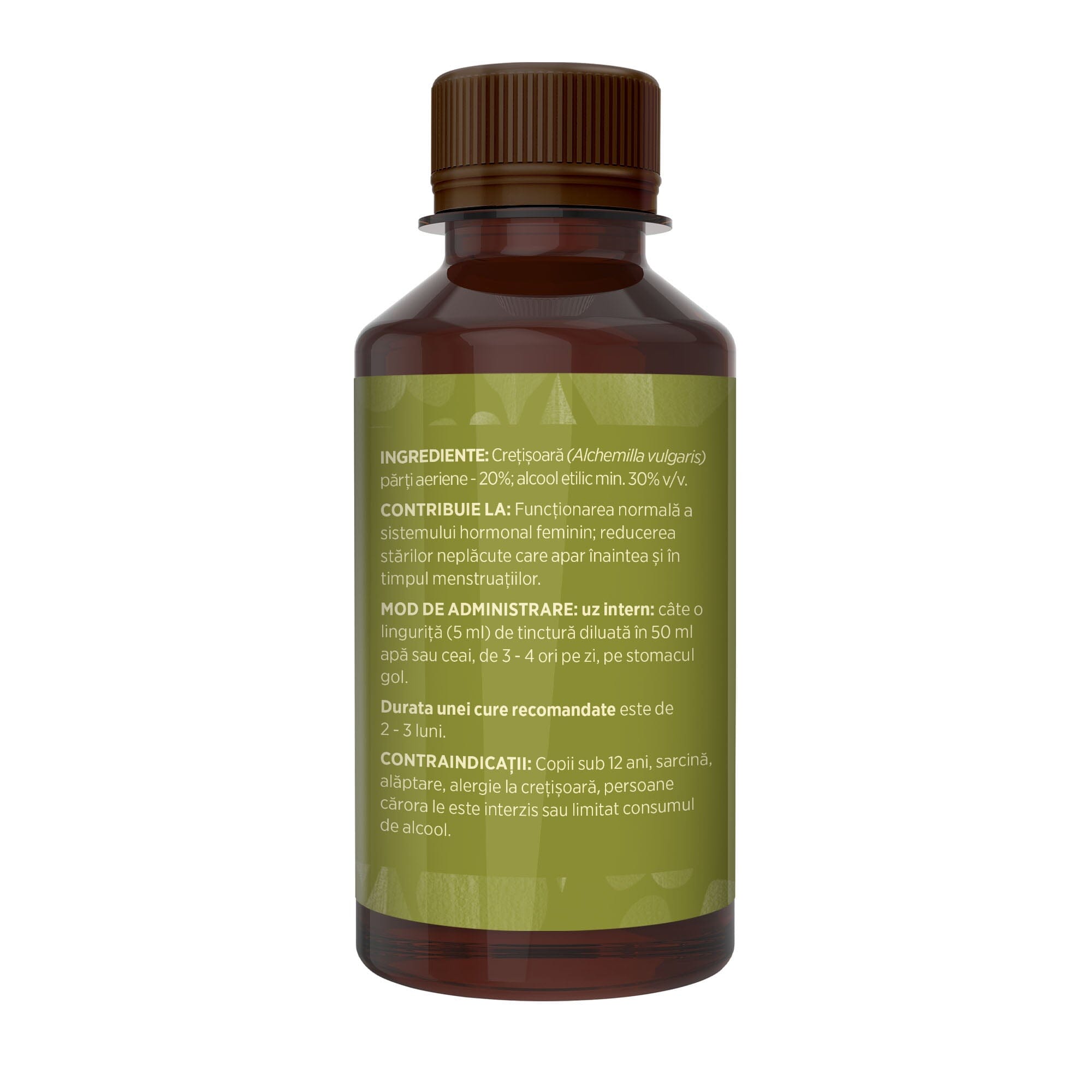 Imagine din lateral stânga cu flacon Tinctură Crețișoara 200 ml de la Faunus Plant cu detalii despre proprietăți, ingrediente, mod de administrare și contraindicații