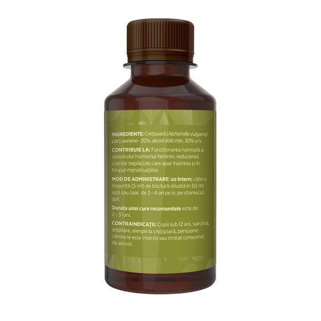 Imagine din lateral stânga cu flacon Tinctură Crețișoara 200 ml de la Faunus Plant cu detalii despre proprietăți, ingrediente, mod de administrare și contraindicații
