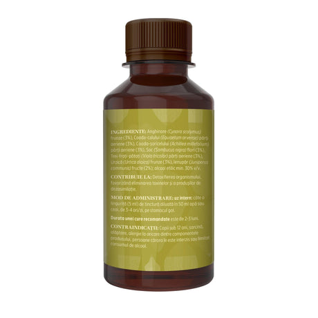 Imagine din lateral stânga cu flacon Tinctură Detoxifius 200 ml de la Faunus Plant cu detalii despre proprietăți, ingrediente, mod de administrare și contraindicații