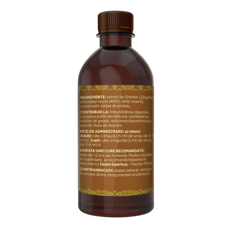 Imagine din lateral stânga al Siropului de Ghimbir 500 ml, cu detalii despre ingrediente, proprietăți, mod de utilizare, dar și contraindicații. | Cantitate - 500ml