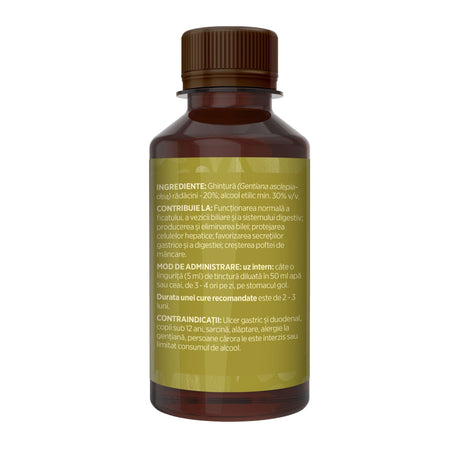Imagine din lateral stânga cu flacon Tinctură Ghințura 200 ml de la Faunus Plant cu detalii despre proprietăți, ingrediente, mod de administrare și contraindicații | Cantitate - 200ml