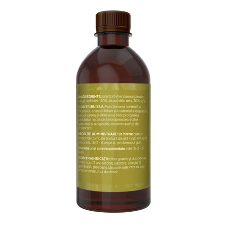 Imagine din lateral stânga cu flacon Tinctură Ghințura 500 ml de la Faunus Plant cu detalii despre proprietăți, ingrediente, mod de administrare și contraindicații | Cantitate - 500ml