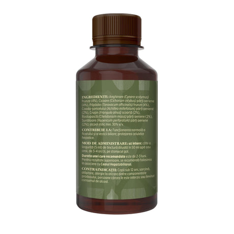Imagine din lateral stânga cu flacon Tinctură Hepatobiliarus 200 ml de la Faunus Plant cu detalii despre proprietăți, ingrediente, mod de administrare și contraindicații.