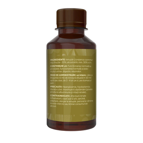 Imagine din lateral stânga cu flacon Tinctură Ienupăr 200 ml de la Faunus Plant cu detalii despre proprietăți, ingrediente, mod de administrare și contraindicații. | Cantitate - 200ml