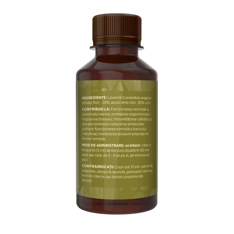 Imagine din lateral stânga cu flacon Tinctură Lavandă 200 ml de la Faunus Plant cu detalii despre proprietăți, ingrediente, mod de administrare și contraindicații