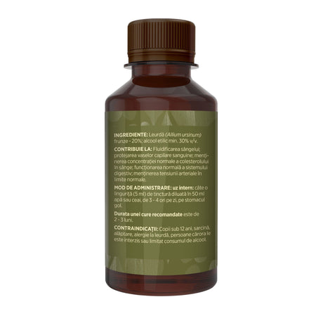 Imagine din lateral stânga cu flacon Tinctură Leurdă 200 ml de la Faunus Plant cu detalii despre proprietăți, ingrediente, mod de administrare și contraindicații | Cantitate - 200ml