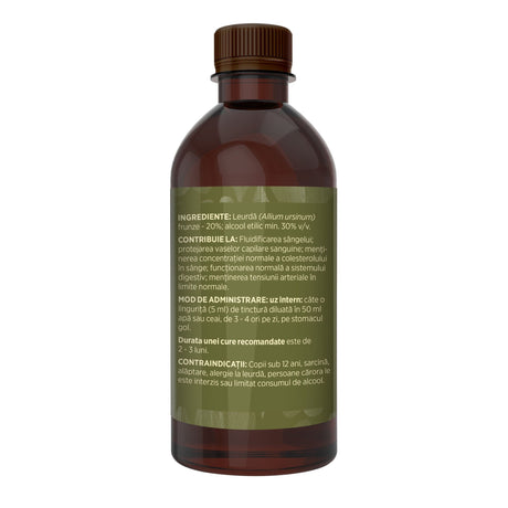 Imagine din lateral stânga cu flacon Tinctură Leurdă 500 ml de la Faunus Plant cu detalii despre proprietăți, ingrediente, mod de administrare și contraindicații. | Cantitate - 500ml