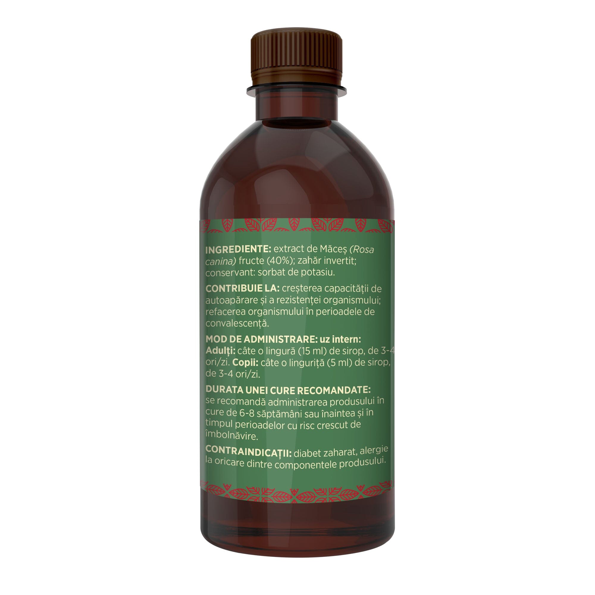 Imagine din lateral stânga al Siropului Măceșe 500 ml, cu detalii despre ingrediente, proprietăți, mod de utilizare, dar și contraindicații