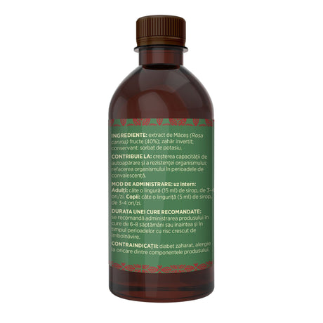 Imagine din lateral stânga al Siropului Măceșe 500 ml, cu detalii despre ingrediente, proprietăți, mod de utilizare, dar și contraindicații | Cantitate - 500ml