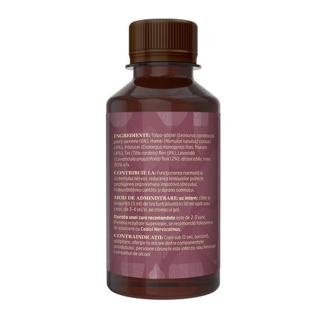 Imagine din lateral stânga cu flacon Tinctură Nervocalmus 200 ml de la Faunus Plant cu detalii despre proprietăți, ingrediente, mod de administrare și contraindicații.