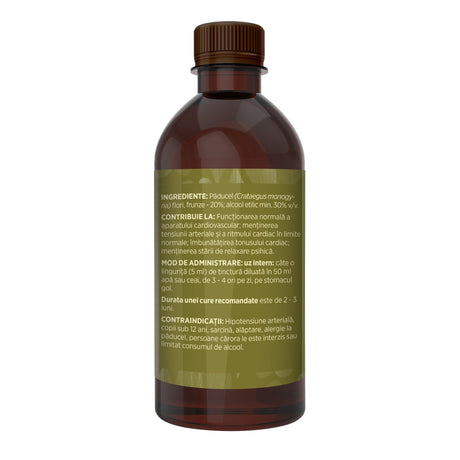 Imagine din lateral stânga cu flacon Tinctură Păducel 500 ml de la Faunus Plant cu detalii despre proprietăți, ingrediente, mod de administrare și contraindicații | Cantitate - 500ml
