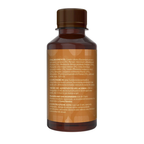 Imagine din lateral stânga cu flacon Tinctură Renalus 200 ml de la Faunus Plant cu detalii despre proprietăți, ingrediente, mod de administrare și contraindicații.