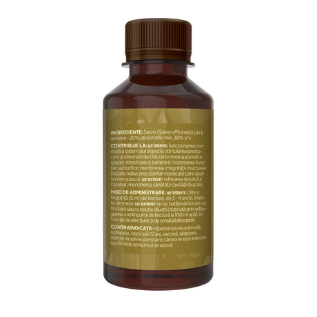 Imagine din lateral stânga cu flacon Tinctură Salvie 200 ml de la Faunus Plant cu detalii despre proprietăți, ingrediente, mod de administrare și contraindicații.