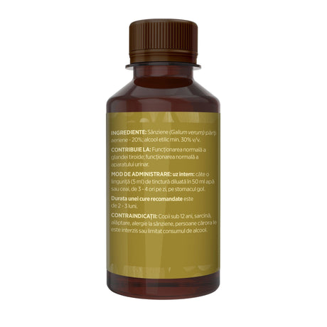 Imagine din lateral stânga cu flacon Tinctură Sânziene 200 ml de la Faunus Plant cu detalii despre proprietăți, ingrediente, mod de administrare și contraindicații. | Cantitate - 200ml