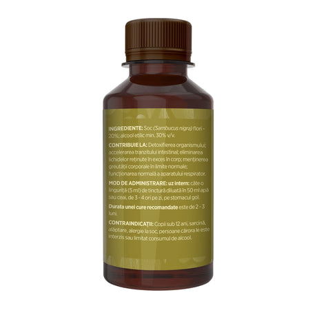 Flaconul tincturii Soc de 200 ml, fotografiat din lateral stânga, cu detalii despre ingrediente, proprietăți, mod de utilizare, contraindicații și precauții. | Cantitate - 200ml