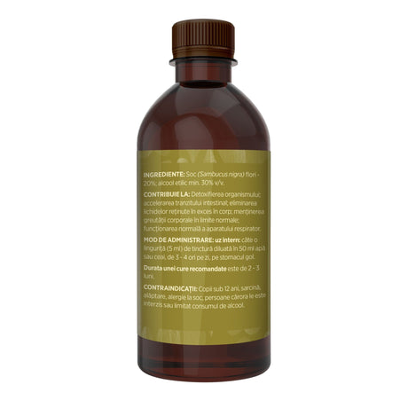 Flaconul tincturii Soc de 500 ml, fotografiat din lateral stânga, cu detalii despre ingrediente, proprietăți, mod de utilizare, contraindicații și precauții. | Cantitate - 500ml