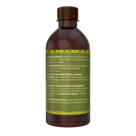 Imagine din lateral stânga cu Siropul de Soc 500 ml, cu detalii despre ingrediente, proprietăți, mod de utilizare, dar și contraindicații. | Cantitate - 500ml