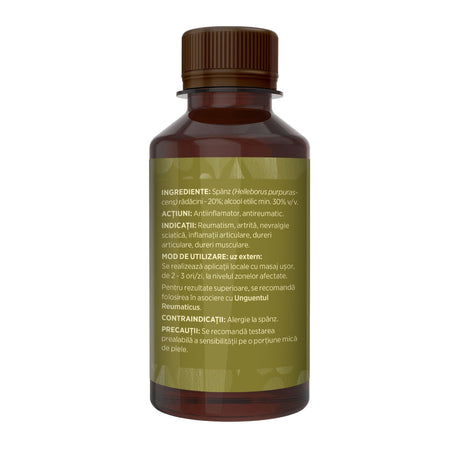Flaconul tincturii Spanz de 200 ml, fotografiat din lateral stânga, cu detalii despre ingrediente, proprietăți, mod de utilizare, contraindicații și precauții.