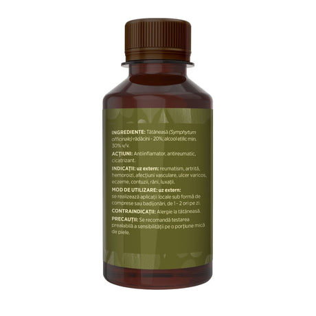 Flaconul tincturii Tătăneasă de 200 ml, fotografiat din lateral stânga, cu detalii despre ingrediente, proprietăți, mod de utilizare, contraindicații și precauții.