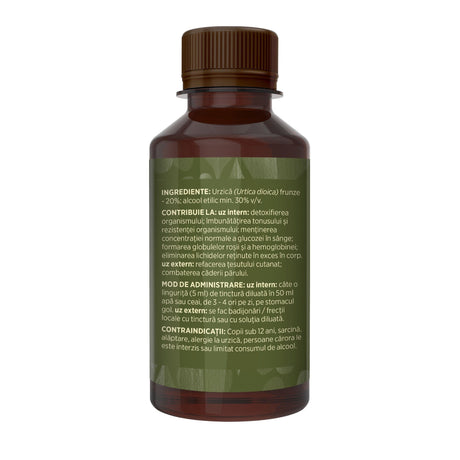 Flaconul tincturii Urzică de 200 ml, fotografiat din lateral stânga, cu detalii despre ingrediente, proprietăți, mod de utilizare, contraindicații și precauții.