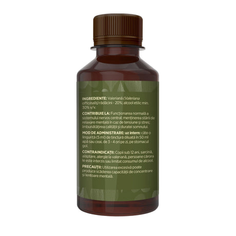 Flaconul tincturii Valeriană de 200 ml, fotografiat din lateral stânga, cu detalii despre ingrediente, proprietăți, mod de utilizare, contraindicații și precauții. | Cantitate - 200ml