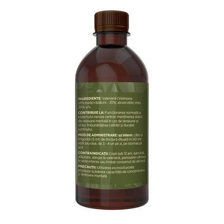 Flaconul tincturii Valeriană de 500 ml, fotografiat din lateral stânga, cu detalii despre ingrediente, proprietăți, mod de utilizare, contraindicații și precauții. | Cantitate - 500ml