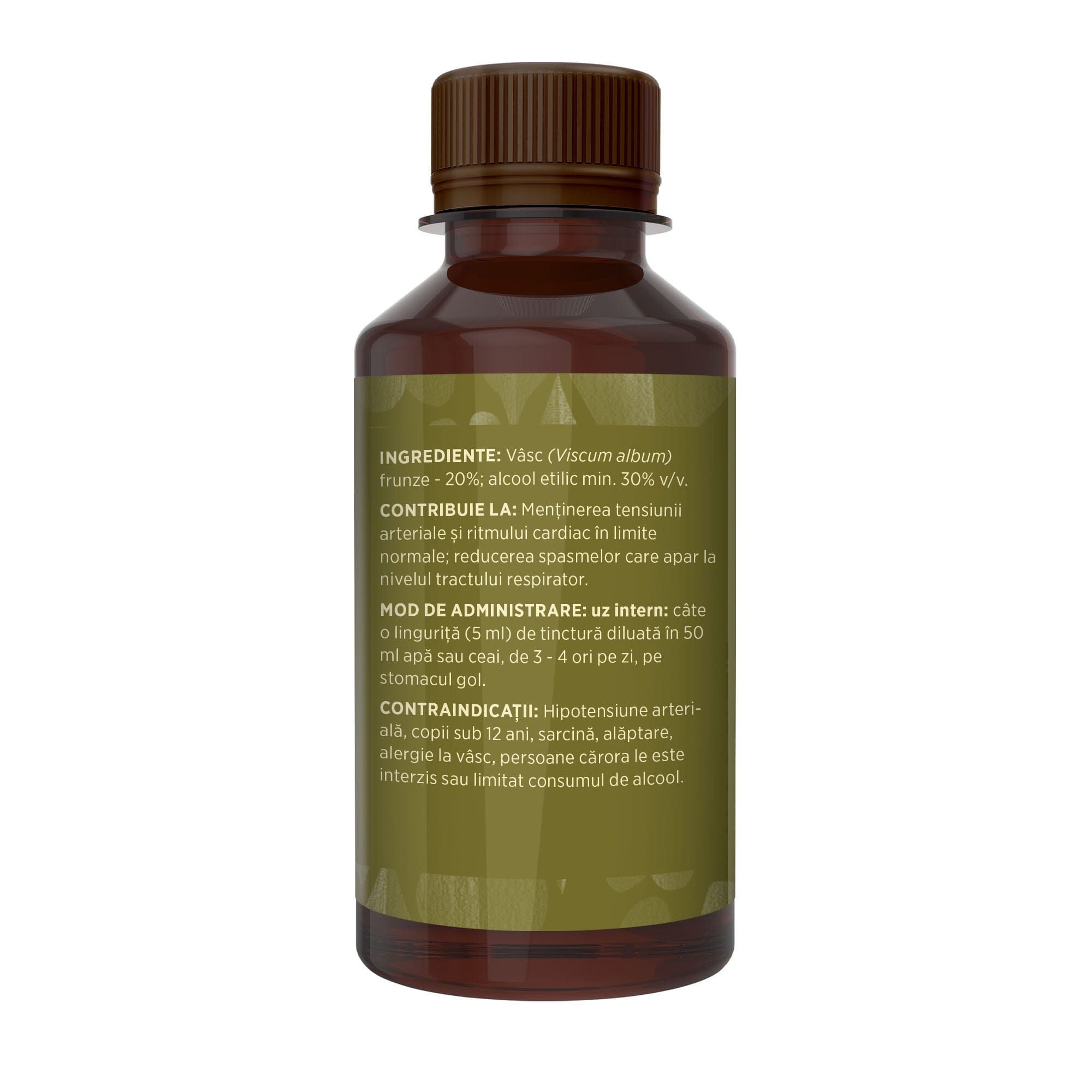 Flaconul tincturii Vâsc de 200 ml, fotografiat din lateral stânga, cu detalii despre ingrediente, proprietăți, mod de utilizare, contraindicații și precauții.