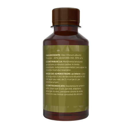 Flaconul tincturii Vâsc de 200 ml, fotografiat din lateral stânga, cu detalii despre ingrediente, proprietăți, mod de utilizare, contraindicații și precauții.