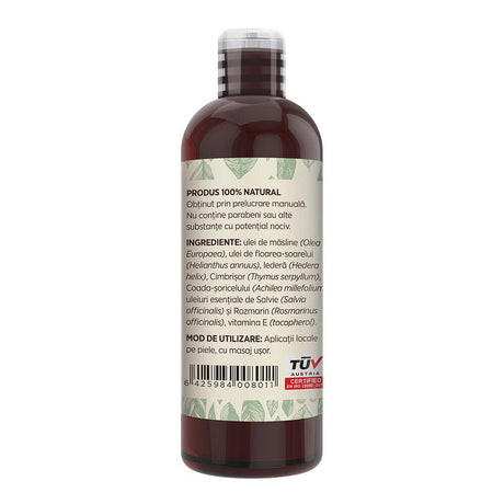 Flacon Ulei de Masaj Anticelulitic Faunus Plant, vedere laterală stânga, eticheta cu detalii despre ingrediente și mod de utilizare.