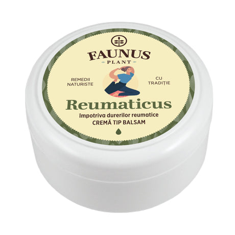 Cremă Tip Balsam Reumaticus de la Faunus Plant, 100 ml, recipient alb rotund cu etichetă verde. Indicat pentru aplicare locală în cazul durerilor reumatice și articulare. Designul transmite ideea de natură și eficiență.