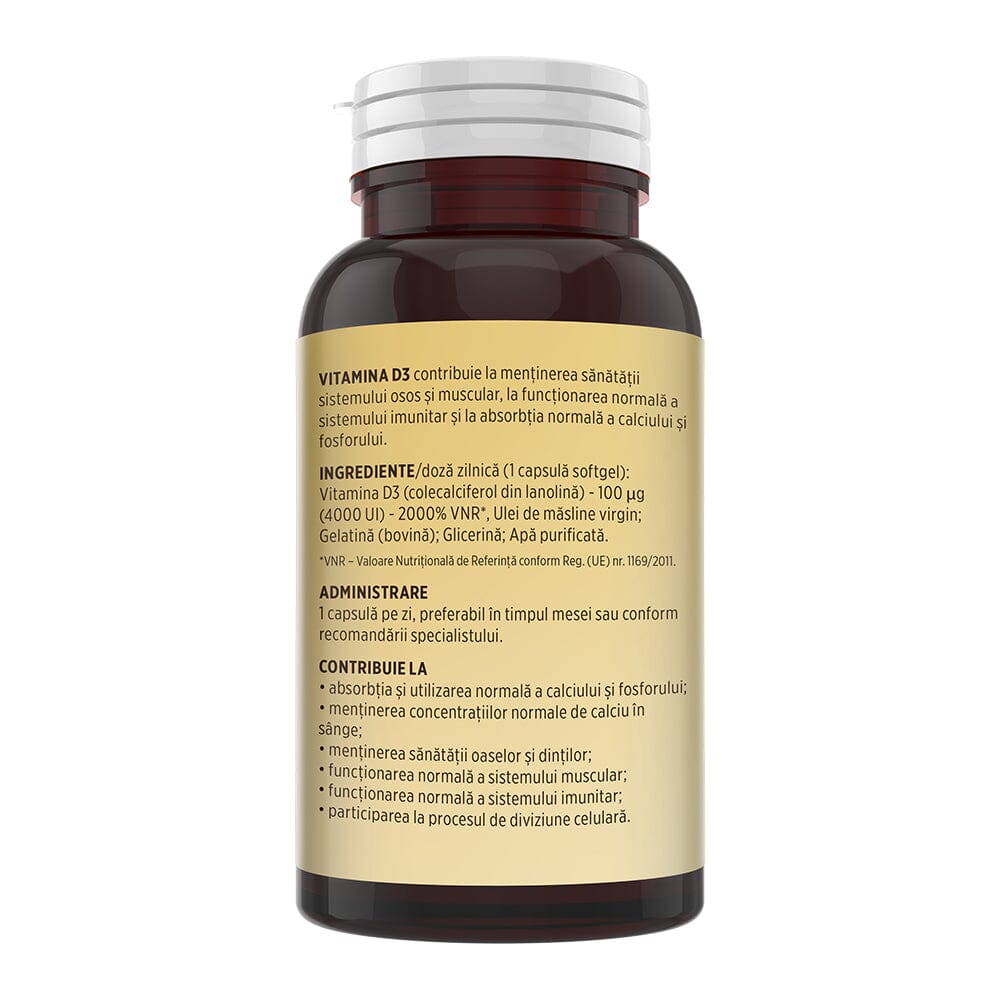 Flaconul de Vitamina D3 4000 UI fotografiat din lateral stânga, pe fundal alb, cu detalii despre ingrediente, administrare și beneficii.