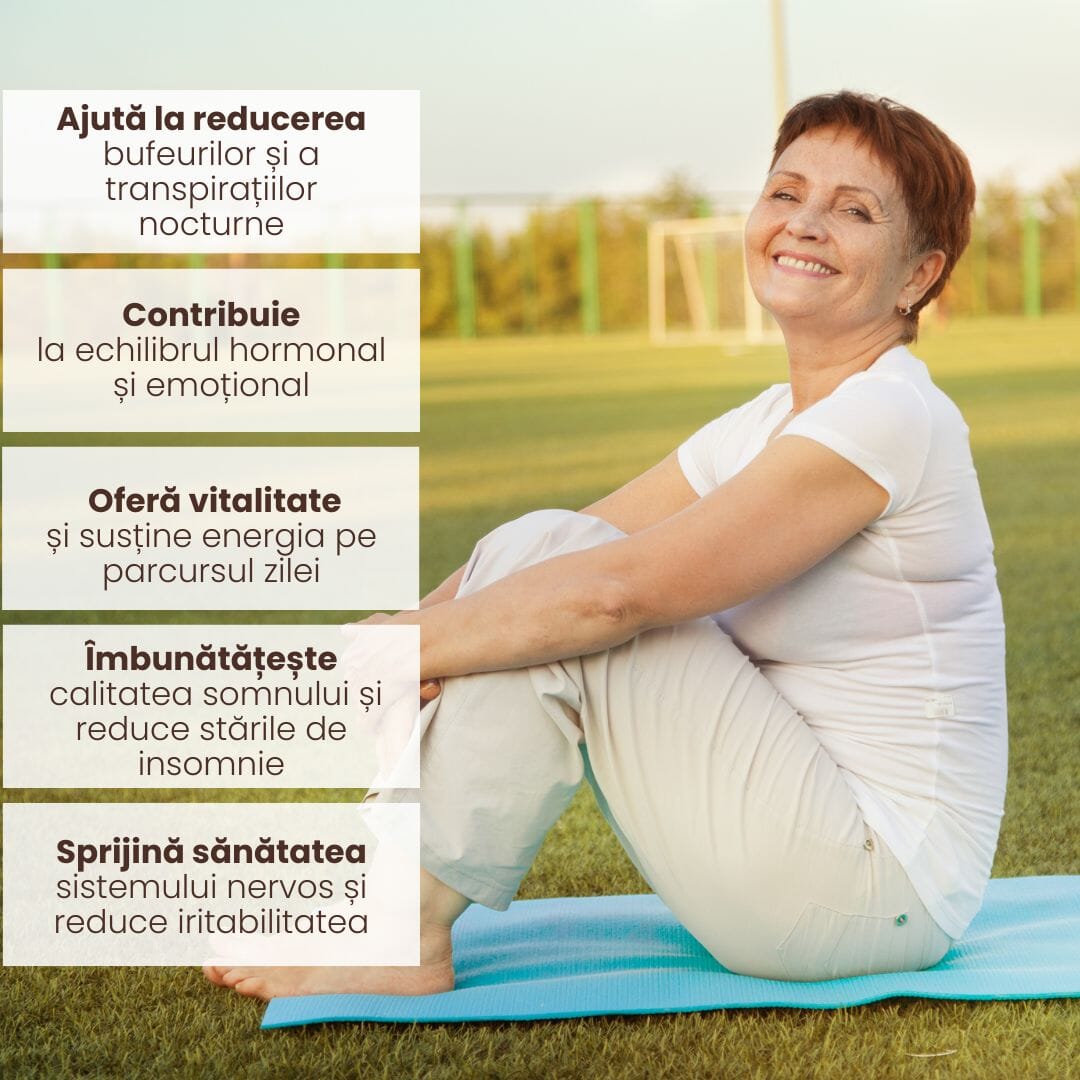 Imagine cu o femeie aflată la maturitate, pe o saltea de yoga pe gazon, având alături chenare cu principalele beneficii ale capsulelor Calmenor Zi și Noapte de la Faunus Plant.