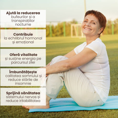 Imagine cu o femeie aflată la maturitate, pe o saltea de yoga pe gazon, având alături chenare cu principalele beneficii ale capsulelor Calmenor Zi și Noapte de la Faunus Plant.