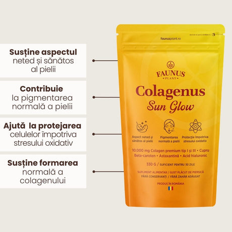 Colagenus Sun Glow – Colagen pudră pentru bronz uniform, piele radiantă și luminoasă. 10.000mg colagen, Vitamina C + E, zinc, cupru și acid hialuronic. Pudră 330g Supliment alimentar Faunus Plant 