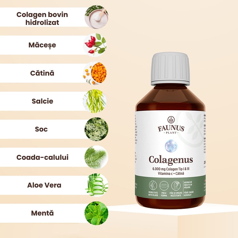 Colagenus - Colagen lichid hidrolizat. Flacon 250ml. Susține sănătatea articulațiilor, pielii, părului și unghiilor Supliment alimentar Faunus Plant 