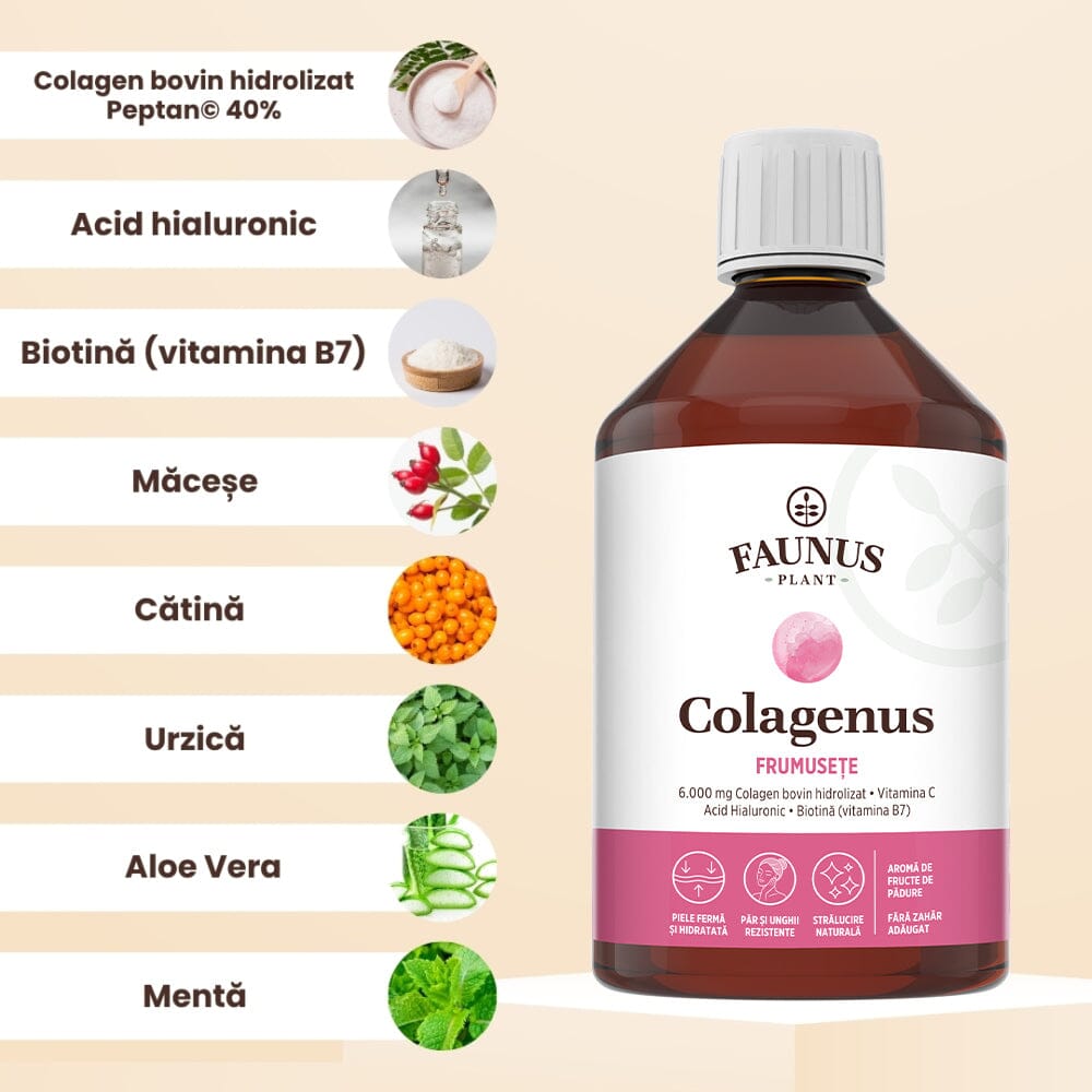 Colagenus Frumusețe - Colagen lichid hidrolizat cu acid hialuronic și biotină. Flacon 500ml. Susține sănătatea și frumusețea pielii, unghiilor și părului. Reduce ridurile și căderea părului. Întărește unghiile Supliment alimentar Faunus Plant 