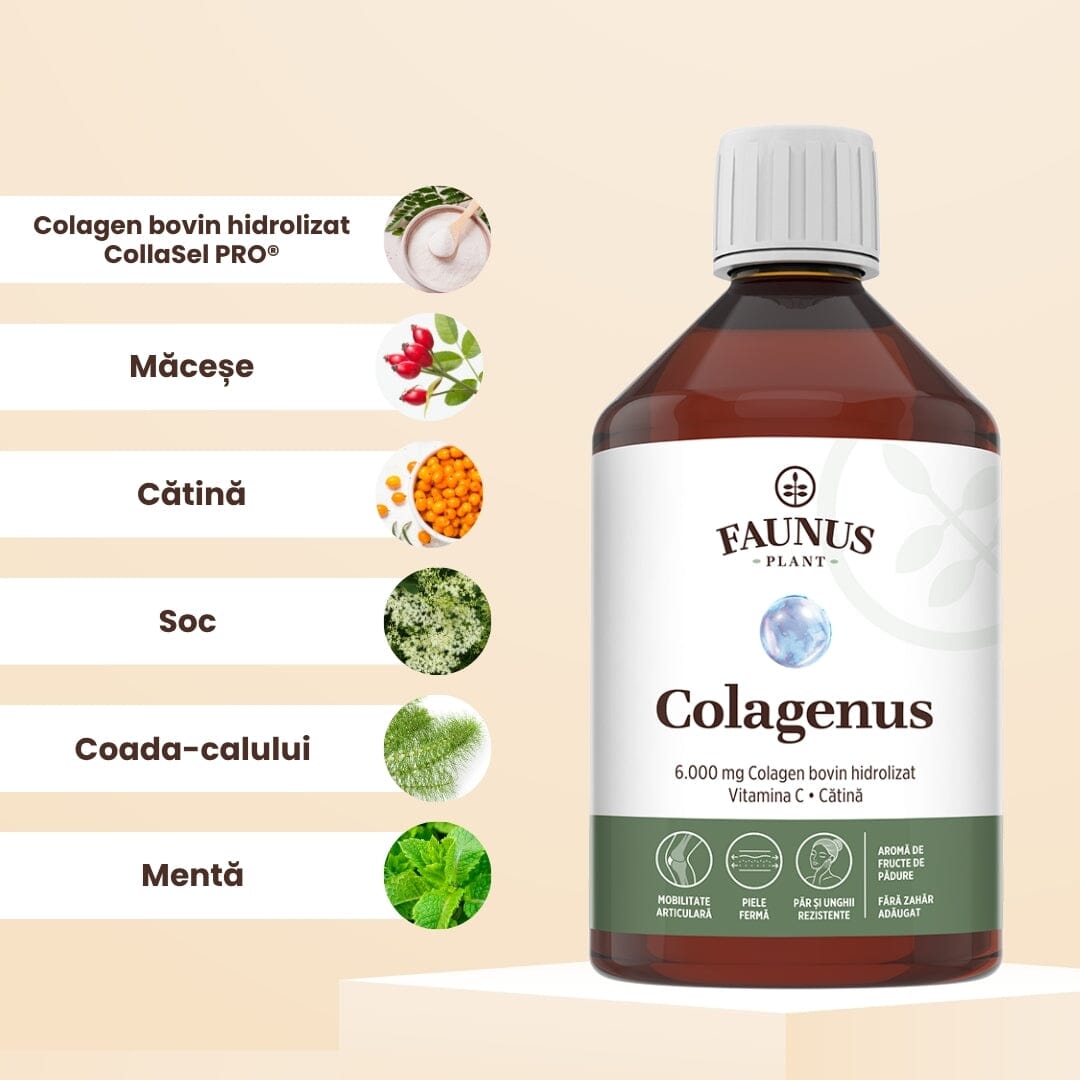 Colagenus - Colagen lichid hidrolizat. Flacon 500ml. Susține sănătatea articulațiilor, pielii, părului și unghiilor Supliment alimentar Faunus Plant 