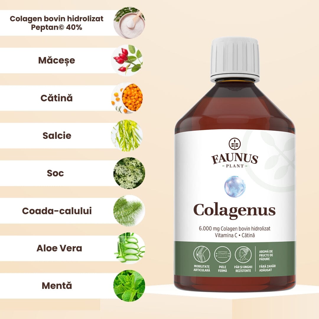 Colagenus - Colagen lichid hidrolizat. Flacon 500ml. Susține sănătatea articulațiilor, pielii, părului și unghiilor Supliment alimentar Faunus Plant 