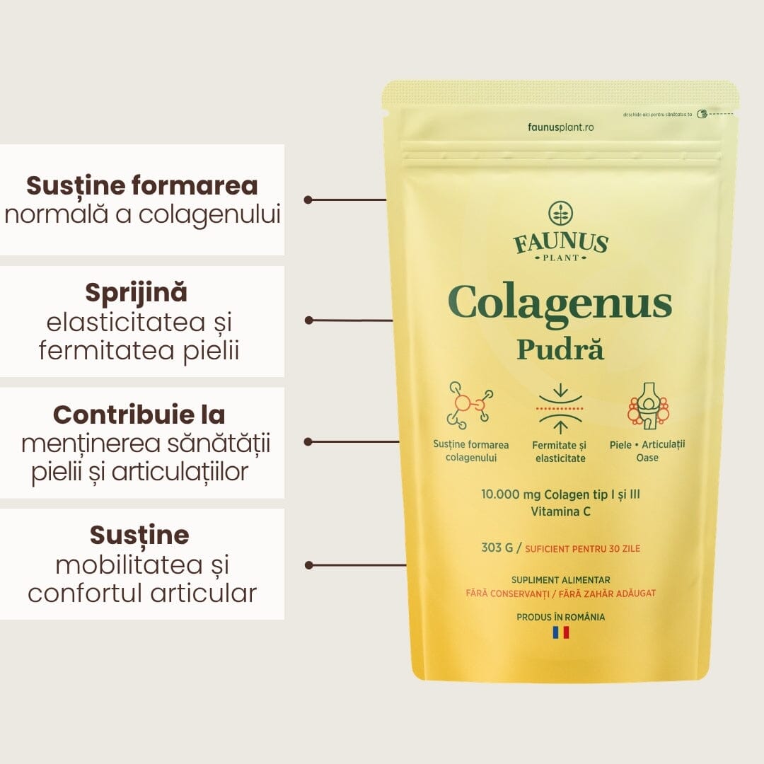 Colagenus Pudră - Colagen hidrolizat concentrat. 10.000 mg tip 1 și tip 3 cu vitamina C. Susține sănătatea articulațiilor, pielii și oaselor. Pudră 303g Supliment alimentar Faunus Plant 