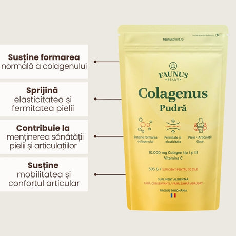 Colagenus Pudră - Colagen hidrolizat concentrat. 10.000 mg tip 1 și tip 3 cu vitamina C. Susține sănătatea articulațiilor, pielii și oaselor. Pudră 303g Supliment alimentar Faunus Plant 