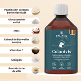 Flacon Colanivis de la Faunus Pets având alături listate ingredientele principale cu câte o imagine reprezentativă tip medalion.