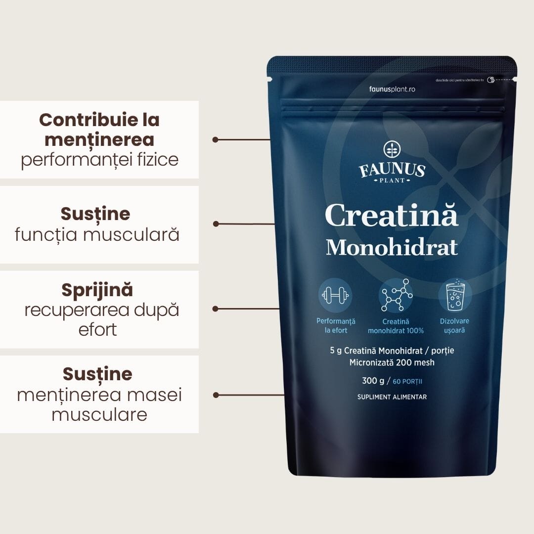 Creatină Monohidrat – Creatină pudră micronizată 200 mesh pentru performanță fizică și forță musculară. Pudră 300g Supliment alimentar Faunus Plant 