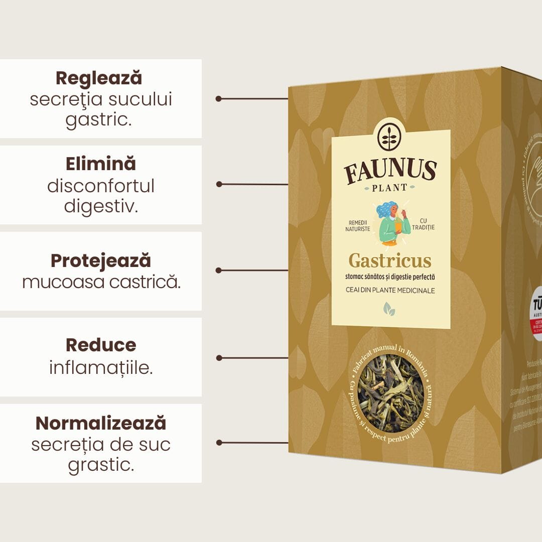 Imagine grafică evidențiind beneficiile principale ale Ceaiului Gastricus 90g de la Faunus Plant: reglarea secreției sucului gastric, eliminarea disconfortului digestiv, protejarea mucoasei gastrice, reducerea inflamațiilor și normalizarea secreției de suc gastric.