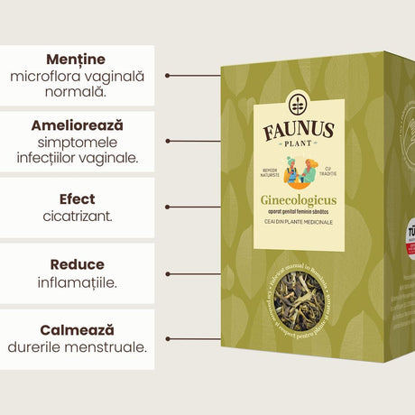Grafică beneficiile Ceaiului Ginecologicus 90g de la Faunus Plant, evidențiind principalele efecte ale produsului: menține microflora vaginală normală, ameliorează simptomele infecțiilor vaginale, are efect cicatrizant, reduce inflamațiile și calmează durerile menstruale.