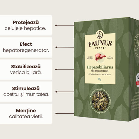 Grafica Beneficii Ceai Hepatobiliarus 90g de la Faunus Plant: Imagine grafică indicând beneficiile Ceaiului Hepatobiliarus de la Faunus Plant: protejează celulele hepatice, efect hepatoregenerator, stabilizează vezica biliară, stimulează apetitul și imunitatea, menține calitatea vieții.