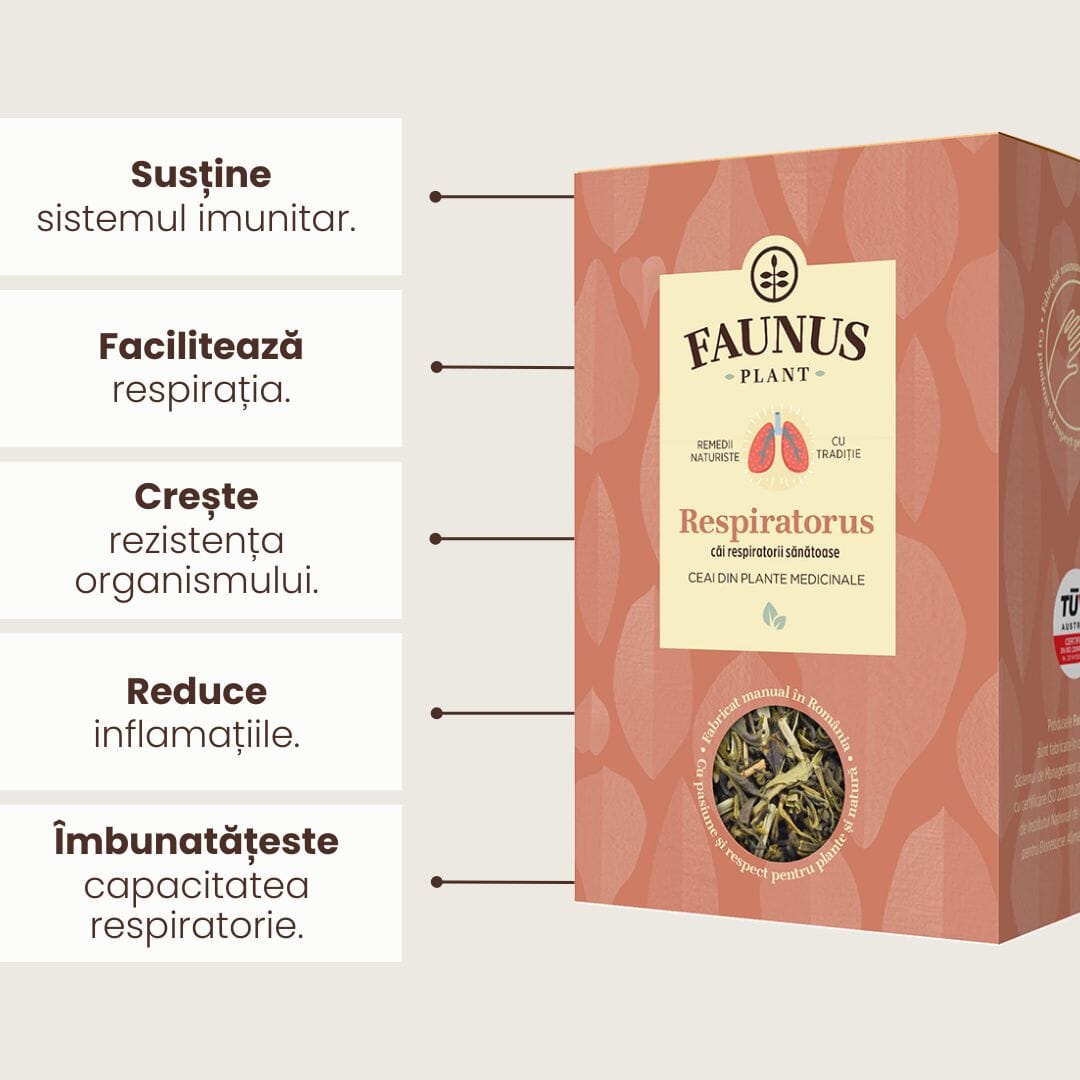 Grafică informativă pentru Ceai Respiratorus de la Faunus Plant, evidențiind beneficiile principale: susține sistemul imunitar, facilitează respirația, crește rezistența organismului, reduce inflamațiile și îmbunătățește capacitatea respiratorie.