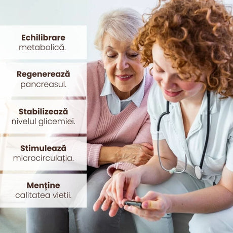 Grafică informativă cu beneficiile produselor Gliconormus de la Faunus Plant: echilibrare metabolică, regenerarea pancreasului, stabilizarea glicemiei, stimularea microcirculației și menținerea calității vieții.
