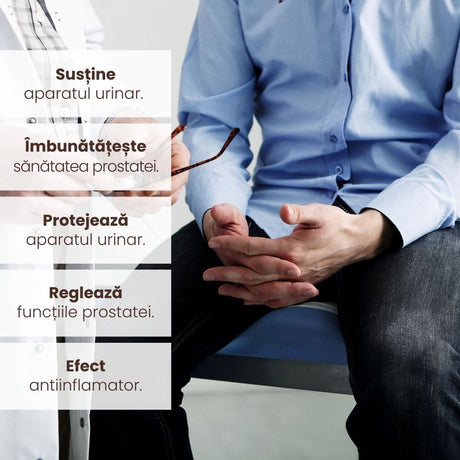 Grafică evidențiind beneficiile pachetului Prostata Sănătoasă de la Faunus Plant: susține aparatul urinar, îmbunătățește sănătatea prostatei, protejează aparatul urinar, reglează funcțiile prostatei, efect antiinflamator. Imagine sugestivă cu fundal medical și text clar.