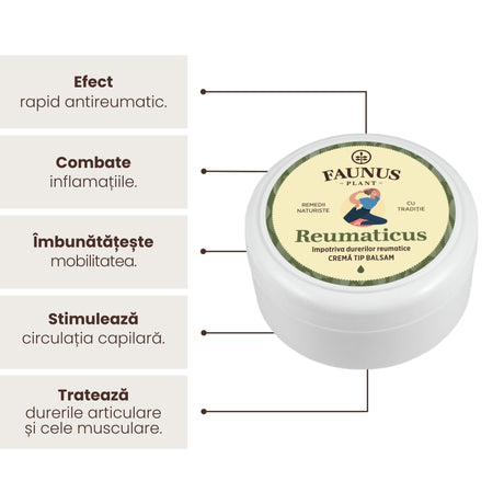 Imagine grafică care evidențiază beneficiile Unguentului Reumaticus 100 ml de la Faunus Plant, inclusiv faptul că are efect antireumatic, combate inflamațiile, îmbunătățește mobilitatea, stimulează circulația capilară și tratează durerile articulare și cele musculare. | Cantitate - 100ml